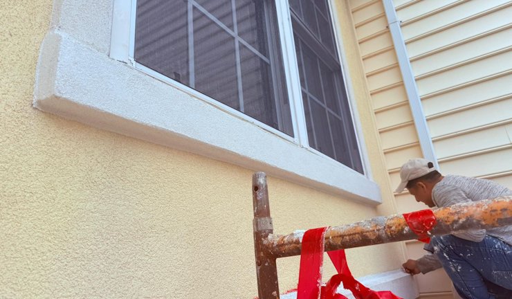 The sill tucks under the window and is angled down for good water run off.