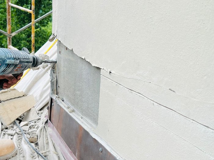 This chimney is durock with mortar made for showers in Charlottesville, Virginia