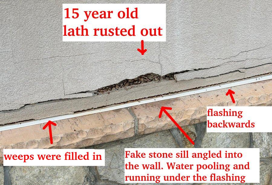 Metal lath is badly rusted on this 15 year old house in Northern Virginia.