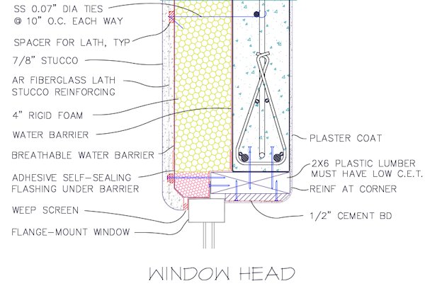 A view of the window head detail showing the tie wire cast in place for the metal lath